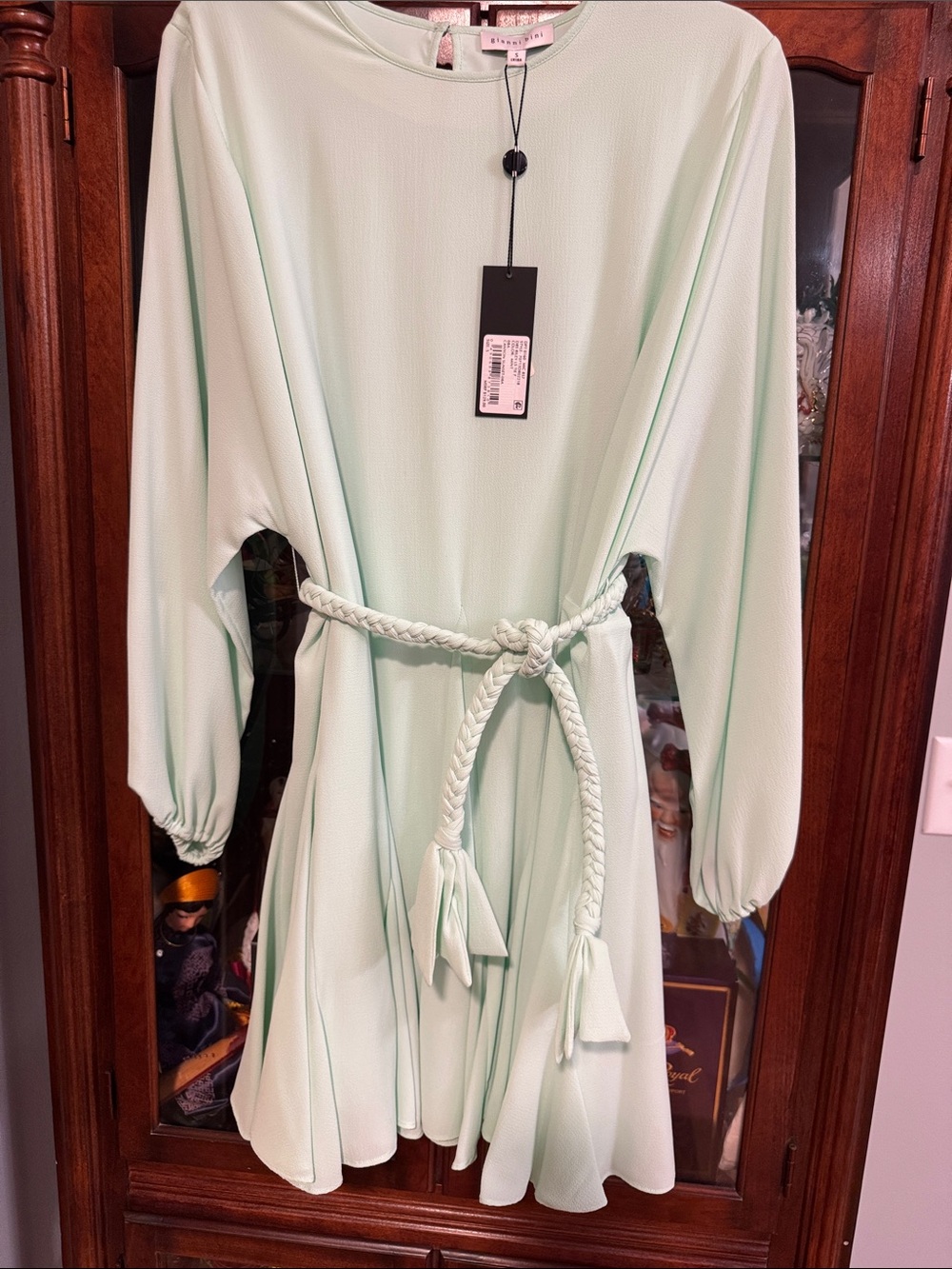 Wisp Pale Mint Long-Sleeve Belted Mini Dress